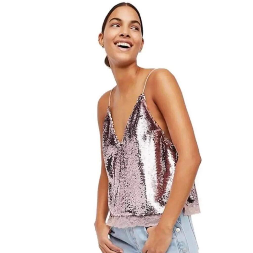 Free People Intimately Free Swinging Surpice pink sequin cami  lace trim SMALL